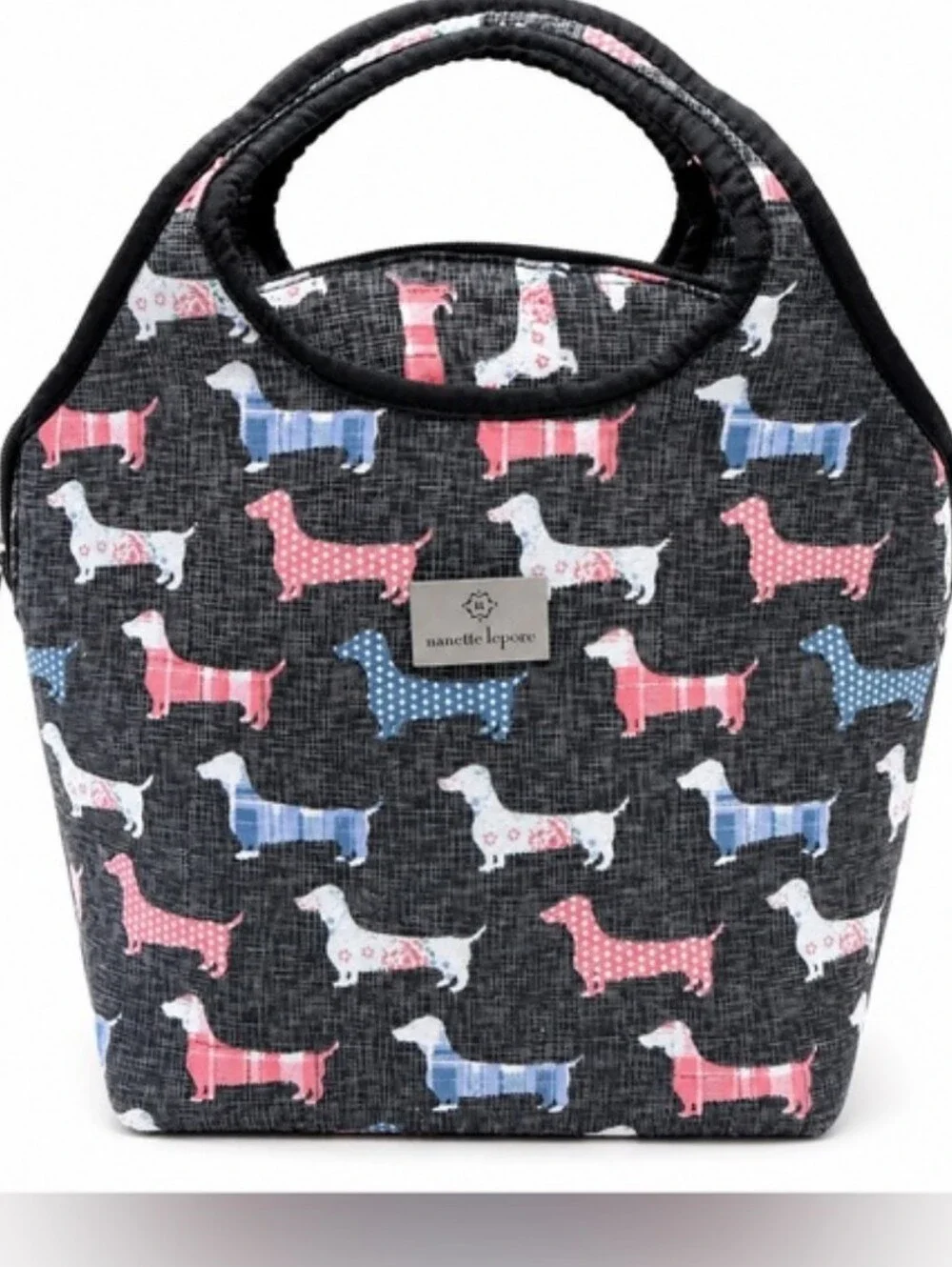 RESERVED Nanctte Lepore Pink & Blue Dachshund Pattern Dog Carrier Tote W/Dishes